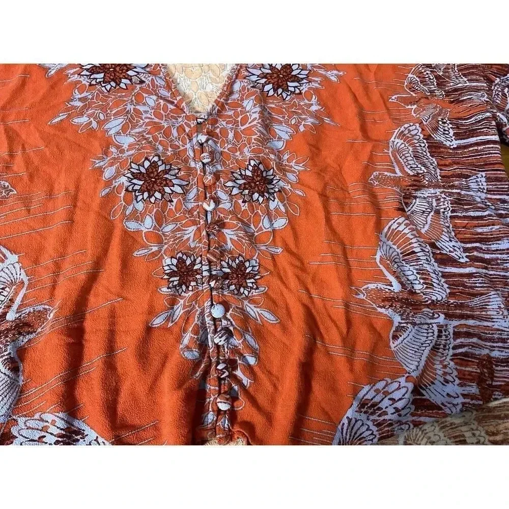 Free People Birds of a Feather Orange Floral Printed Blouse Size Small V-Neck